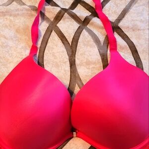 Hot Pink front close, lace and satin plunge halter Bra 38D